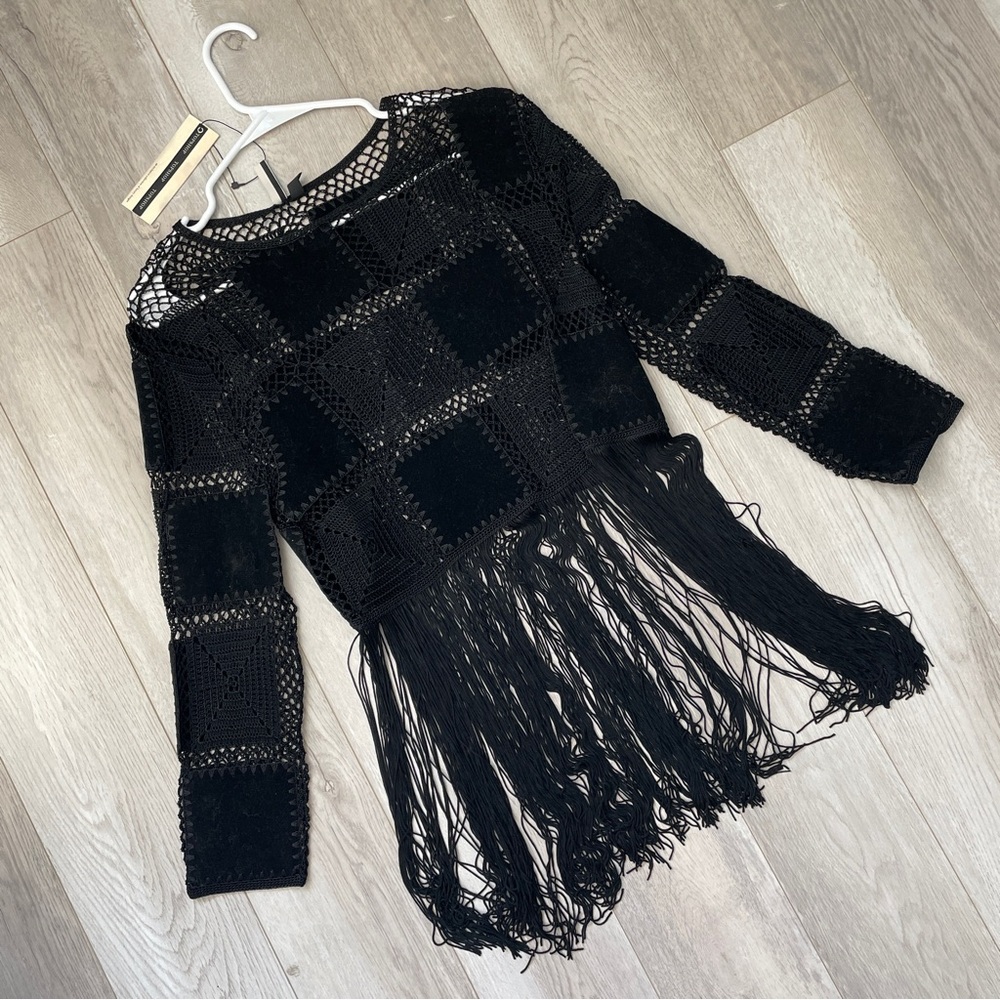 Patchwork Fringe Top NWT velvet crochet long sleeve crop womens Black (small)